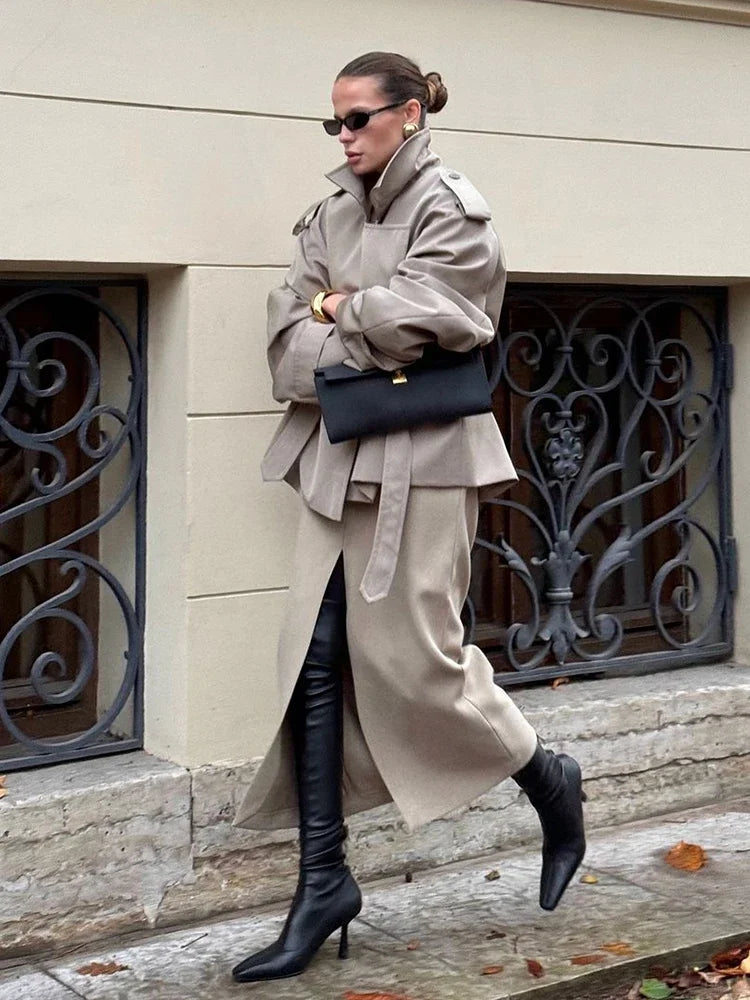 Solid Lapel Lace Up Jacket Elegant Chic Full Sleeve Button Loose Long Coat For Women Office Lady Daily Commute Overcoat 2026 New