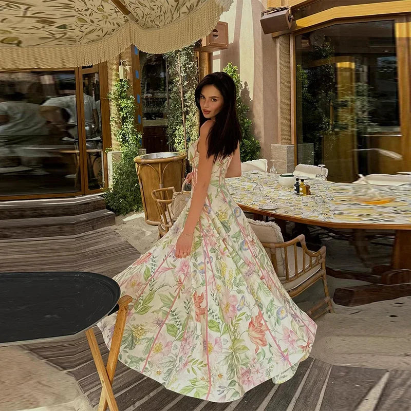 Floral Printed Sleeveless Halter Neck Maxi Dress Lady Waist Cinching A-line Dresses 2026 Women Summer Vacation Party Vestidos