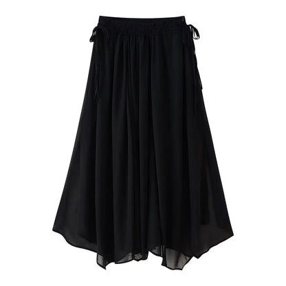 HH Women Summer Fashion Skirt Suit V-Neck Long Sleeves Tierred Decoration Lace-Up Shirts+Side Zipper Circular Chiffon Skirt