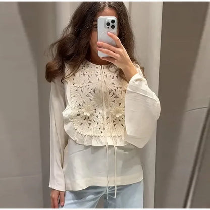 Chic Flared Sleeves O Neck Loose Lace Up Shirt Mini Skirts Elegant Floral Embroidered Skirt Set for Women Summer Lady 2 Pcs Suit