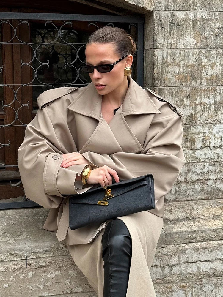 Solid Lapel Lace Up Jacket Elegant Chic Full Sleeve Button Loose Long Coat For Women Office Lady Daily Commute Overcoat 2026 New