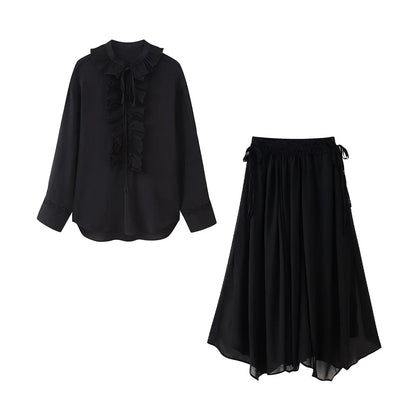 HH Women Summer Fashion Skirt Suit V-Neck Long Sleeves Tierred Decoration Lace-Up Shirts+Side Zipper Circular Chiffon Skirt