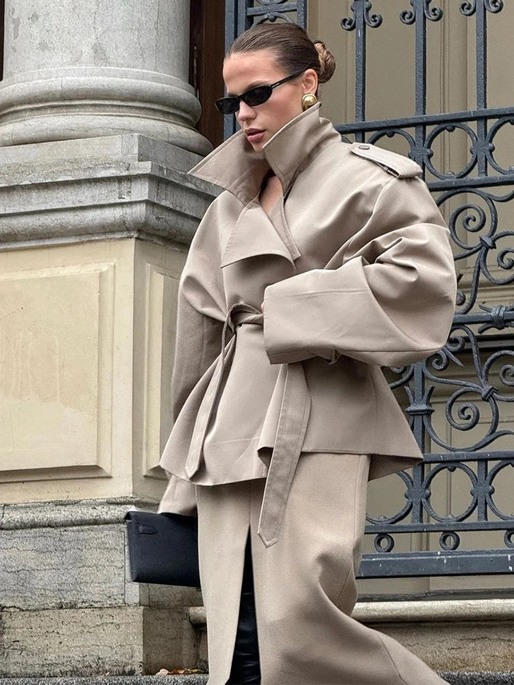 Solid Lapel Lace Up Jacket Elegant Chic Full Sleeve Button Loose Long Coat For Women Office Lady Daily Commute Overcoat 2026 New