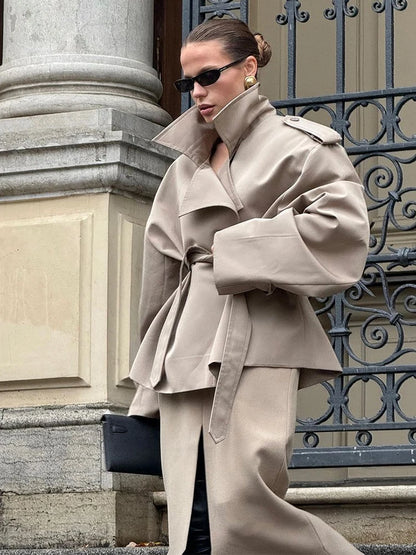 Solid Lapel Lace Up Jacket Elegant Chic Full Sleeve Button Loose Long Coat For Women Office Lady Daily Commute Overcoat 2026 New