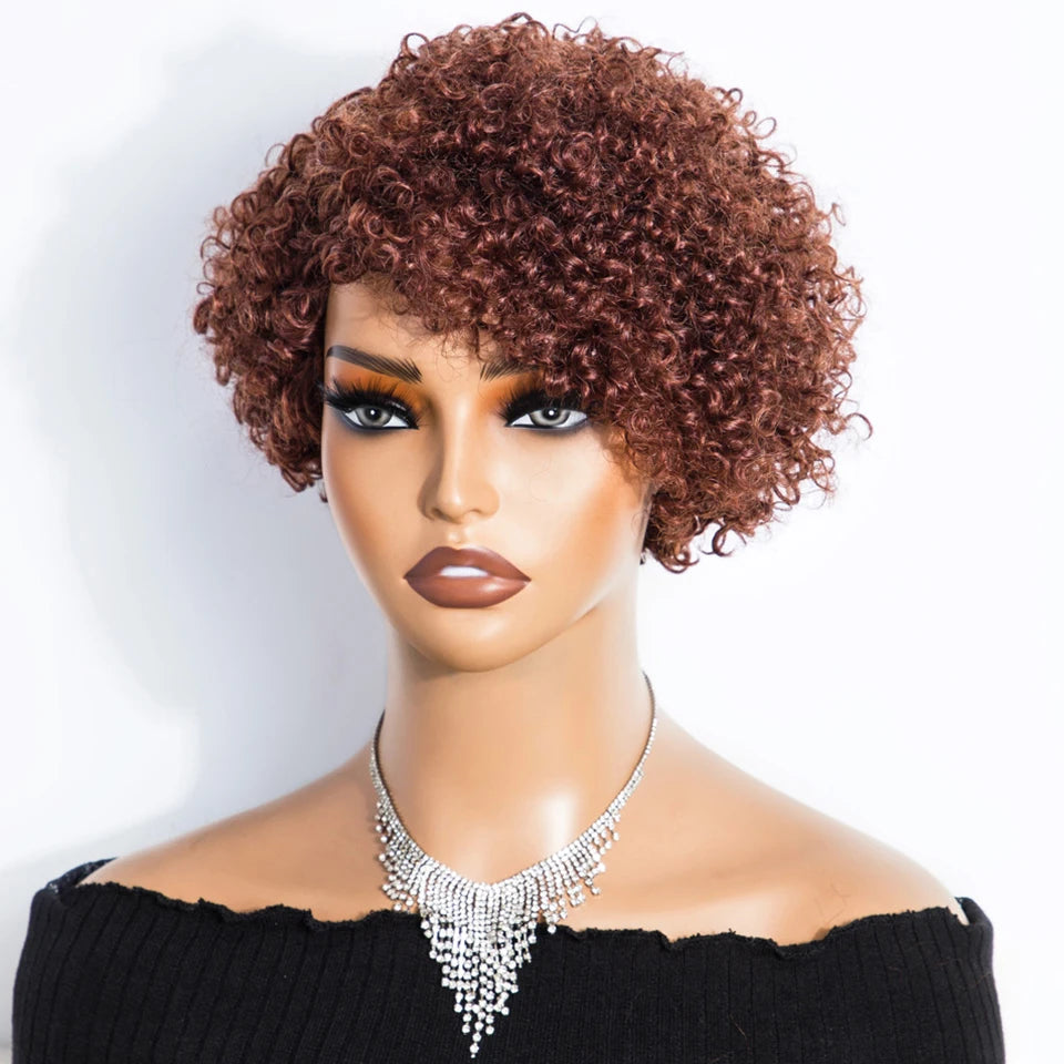 Peruvian Curly Human Hair Wigs With Bangs Short Pixie Cut Bob Wig  Reddish Brown Glueless Curly Wig Full Machine Wigs For Women