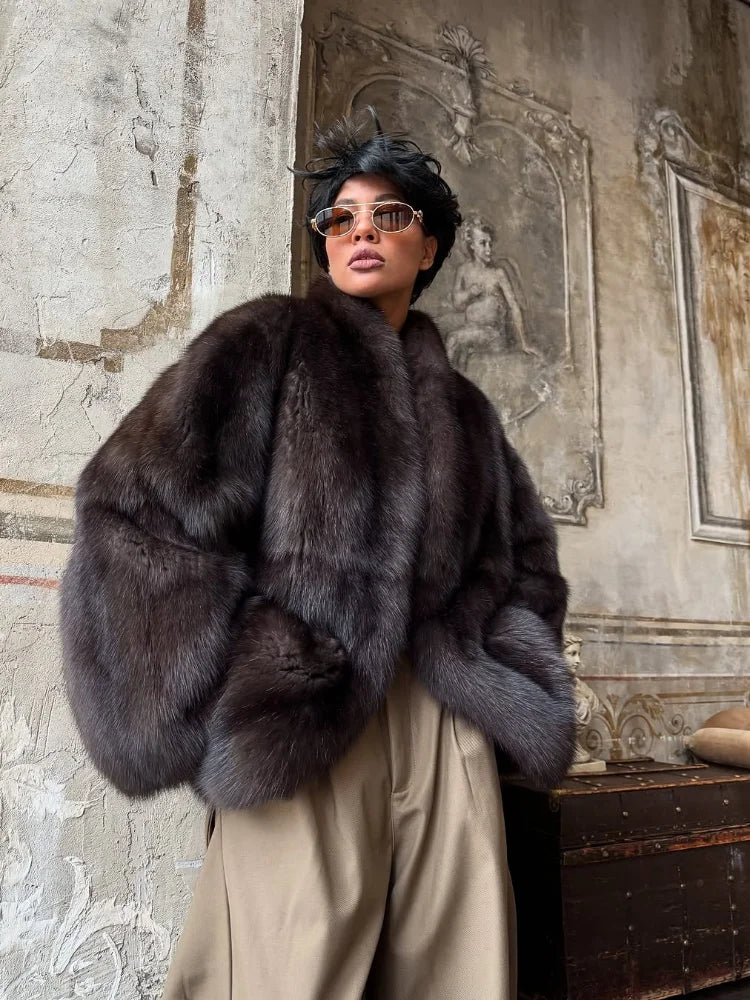 Brown Medium-length Fur Coat Women Lapel Hidden Button Loose  Elegant Outerwear 2025 Fashion Office Lady Commute Overcoat New