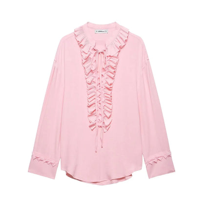 HH Women Summer Fashion Skirt Suit V-Neck Long Sleeves Tierred Decoration Lace-Up Shirts+Side Zipper Circular Chiffon Skirt