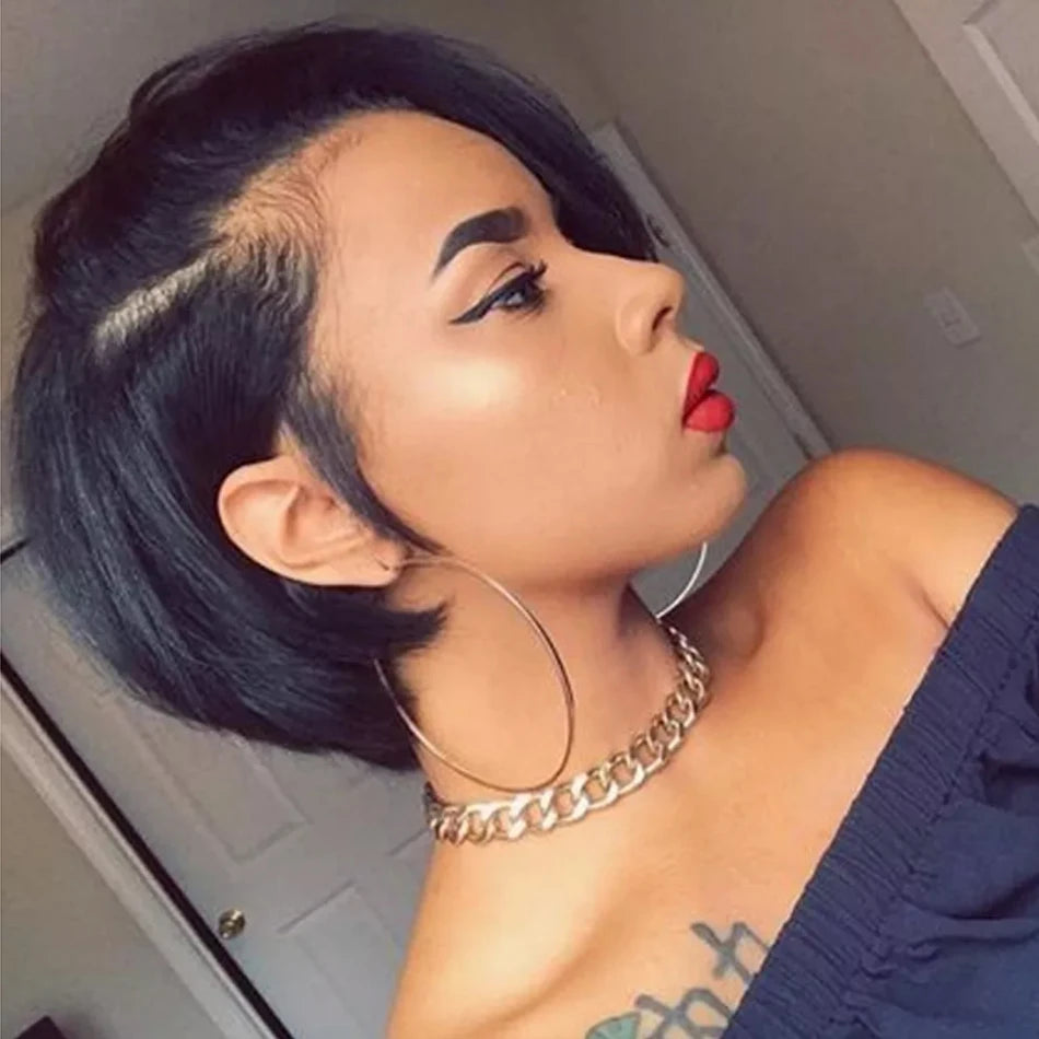 100% Human Hair 13X1 Short Pixie Cut Wigs Straight Bob HD Transparent Lace Frontal Wigs For Black Women 250Density Perruque