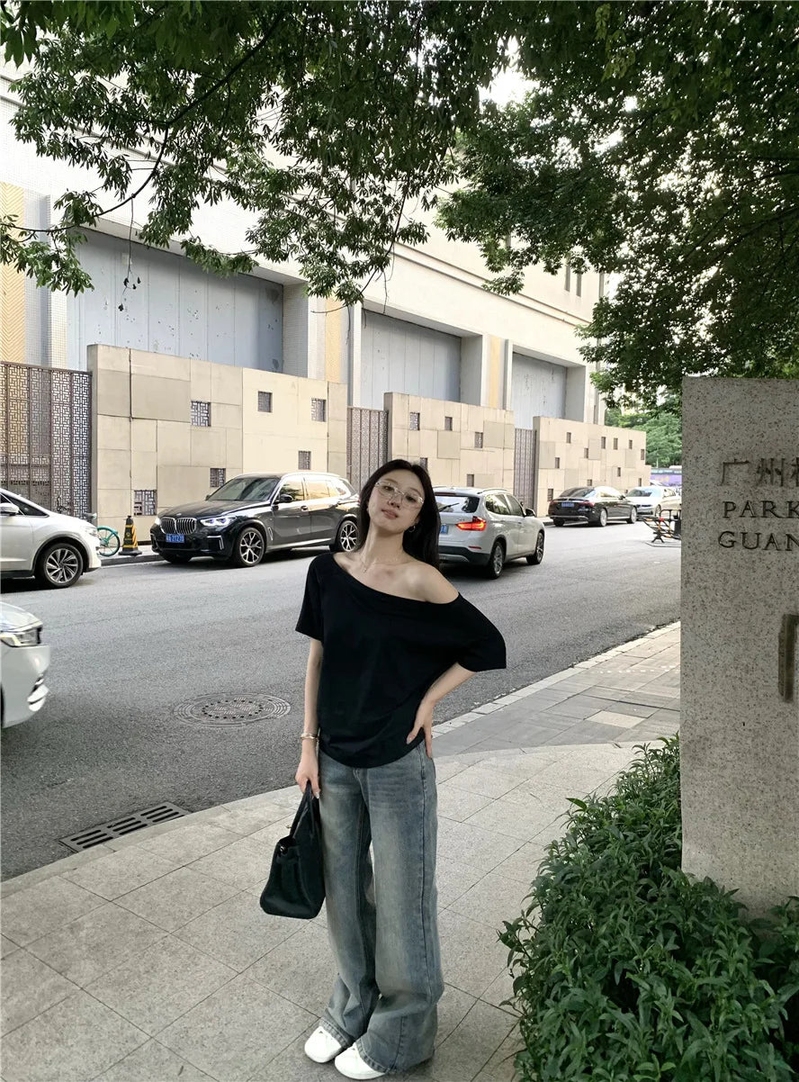 2026 Summer Off Shoulder T-shirt Women Sexy Y2K Korean Fashion Crop Tops Woman Vintage Japanese White Tee Shirt Femme Clothes