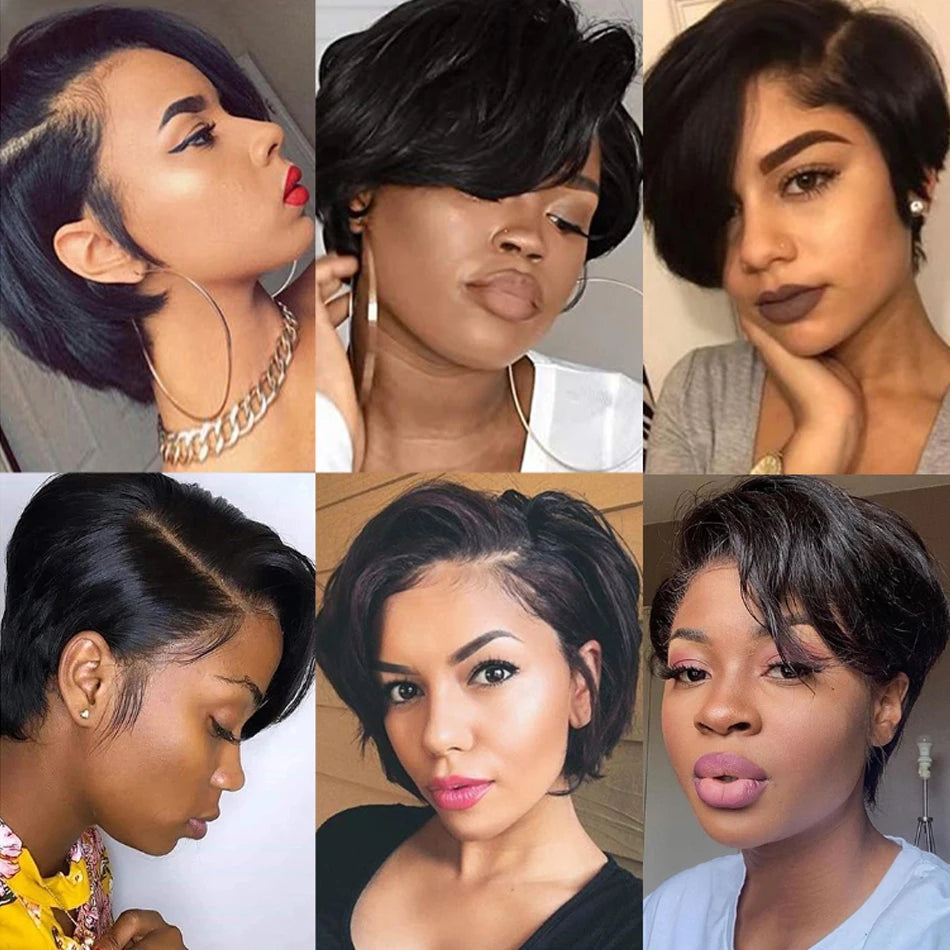 100% Human Hair 13X1 Short Pixie Cut Wigs Straight Bob HD Transparent Lace Frontal Wigs For Black Women 250Density Perruque