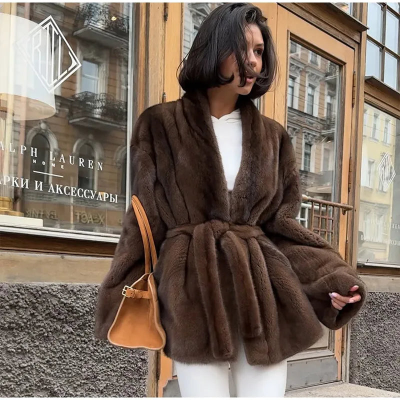 Brown Medium-length Fur Coat Women Lapel Hidden Button Loose  Elegant Outerwear 2025 Fashion Office Lady Commute Overcoat New