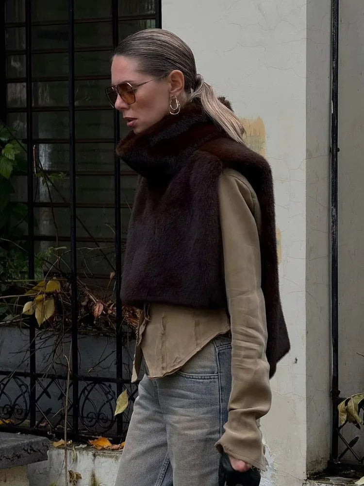 Brown Medium-length Fur Coat Women Lapel Hidden Button Loose  Elegant Outerwear 2025 Fashion Office Lady Commute Overcoat New