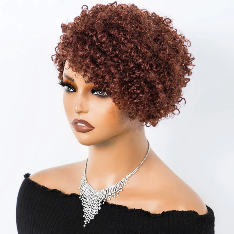 Peruvian Curly Human Hair Wigs With Bangs Short Pixie Cut Bob Wig  Reddish Brown Glueless Curly Wig Full Machine Wigs For Women
