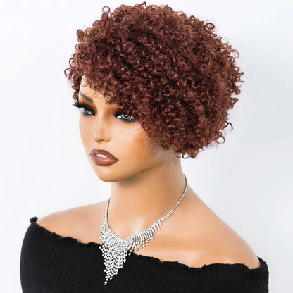 Peruvian Curly Human Hair Wigs With Bangs Short Pixie Cut Bob Wig  Reddish Brown Glueless Curly Wig Full Machine Wigs For Women