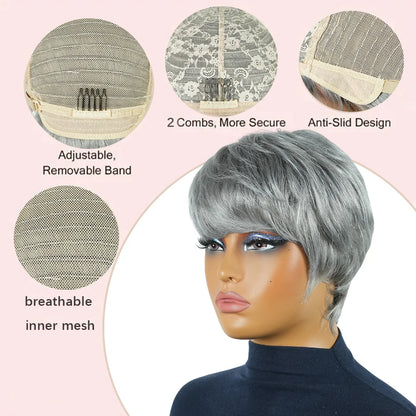 Silver Grey Pixie Wigs Human Hair 100% Full Machine Made Wigs Human Hair Natural Realistic No Tangle Wig For Women Pre Plucked