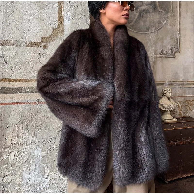 Brown Medium-length Fur Coat Women Lapel Hidden Button Loose  Elegant Outerwear 2025 Fashion Office Lady Commute Overcoat New