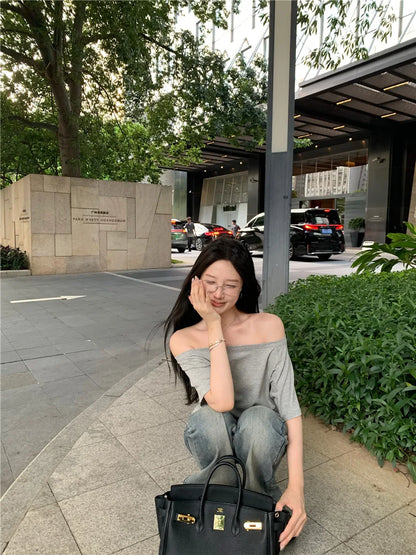 2026 Summer Off Shoulder T-shirt Women Sexy Y2K Korean Fashion Crop Tops Woman Vintage Japanese White Tee Shirt Femme Clothes