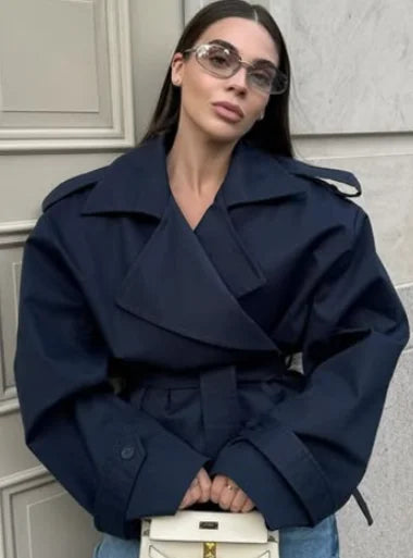 Solid Lapel Lace Up Jacket Elegant Chic Full Sleeve Button Loose Long Coat For Women Office Lady Daily Commute Overcoat 2026 New