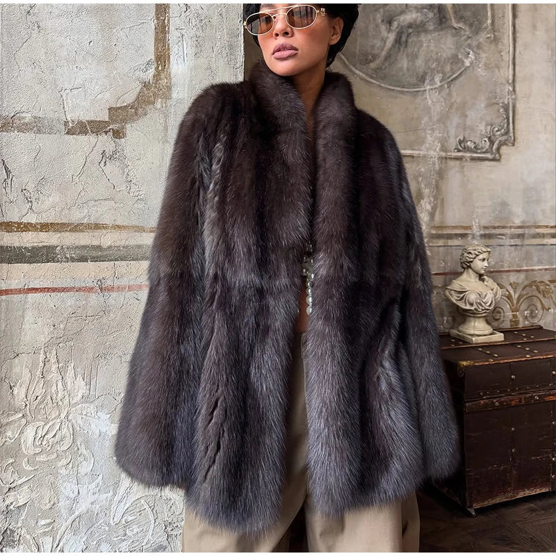 Brown Medium-length Fur Coat Women Lapel Hidden Button Loose  Elegant Outerwear 2025 Fashion Office Lady Commute Overcoat New
