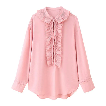 HH Women Summer Fashion Skirt Suit V-Neck Long Sleeves Tierred Decoration Lace-Up Shirts+Side Zipper Circular Chiffon Skirt