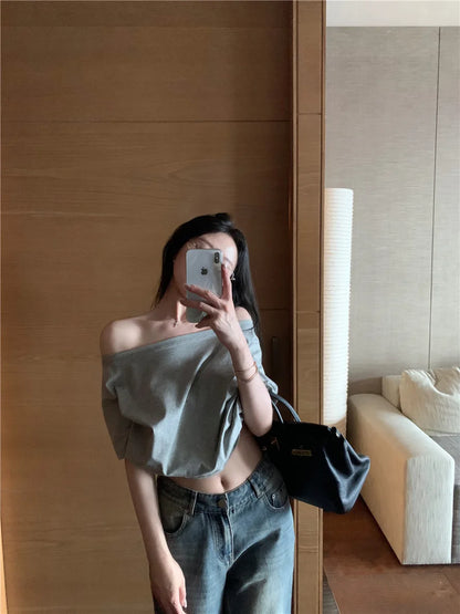 2026 Summer Off Shoulder T-shirt Women Sexy Y2K Korean Fashion Crop Tops Woman Vintage Japanese White Tee Shirt Femme Clothes