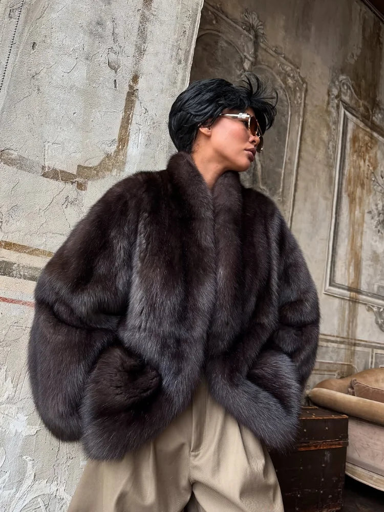 Brown Medium-length Fur Coat Women Lapel Hidden Button Loose  Elegant Outerwear 2025 Fashion Office Lady Commute Overcoat New