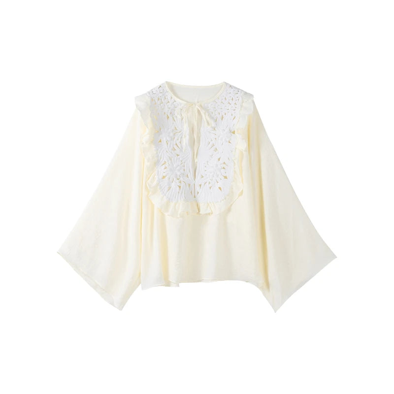 Chic Flared Sleeves O Neck Loose Lace Up Shirt Mini Skirts Elegant Floral Embroidered Skirt Set for Women Summer Lady 2 Pcs Suit