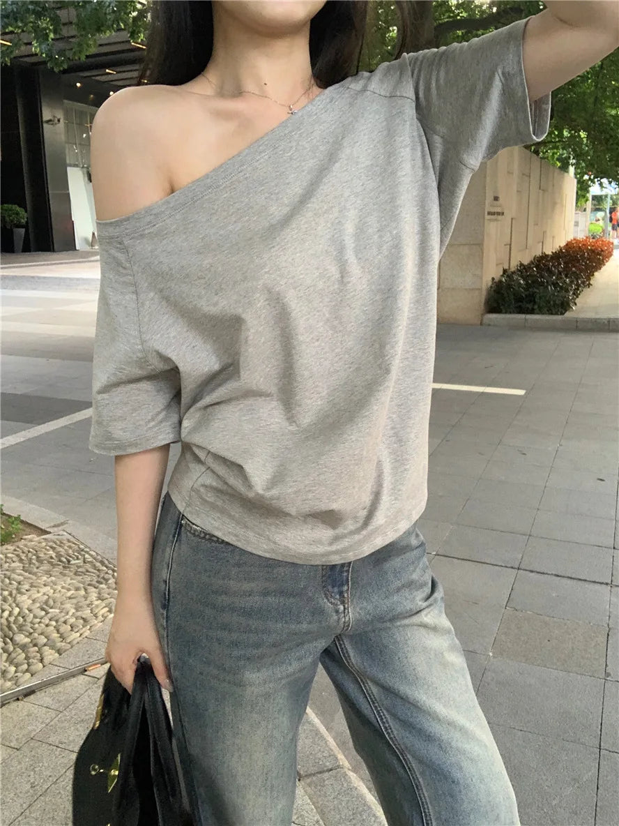 2026 Summer Off Shoulder T-shirt Women Sexy Y2K Korean Fashion Crop Tops Woman Vintage Japanese White Tee Shirt Femme Clothes