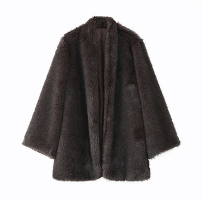 Brown Medium-length Fur Coat Women Lapel Hidden Button Loose  Elegant Outerwear 2025 Fashion Office Lady Commute Overcoat New