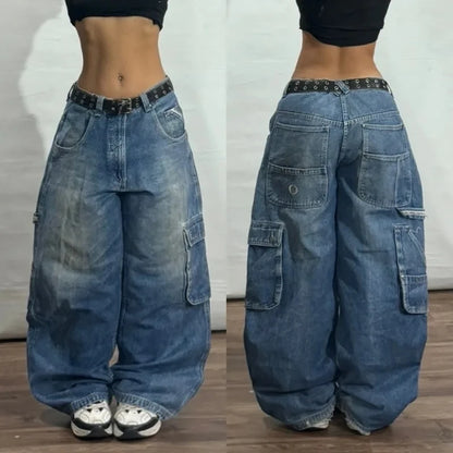 Streetwear Fashion New Multi-pocket Washed Baggy Jeans Men And Women Y2K Hip-hop Harajuku Casual Gothic High Waist Wide Trouser