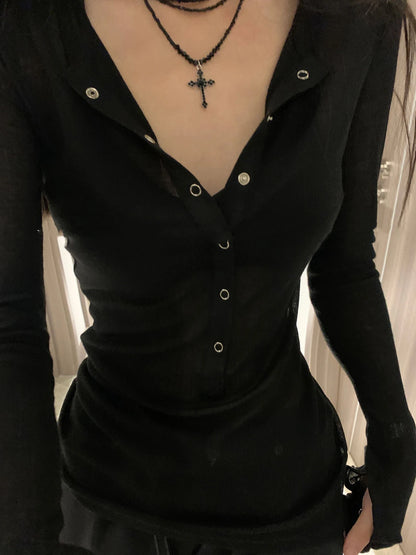 Early Autumn New All-match T-shirt for Women Simple V-neck Single Breasted Tops Mujer Y2k Slim Fit Long Sleeve Tee Shirt