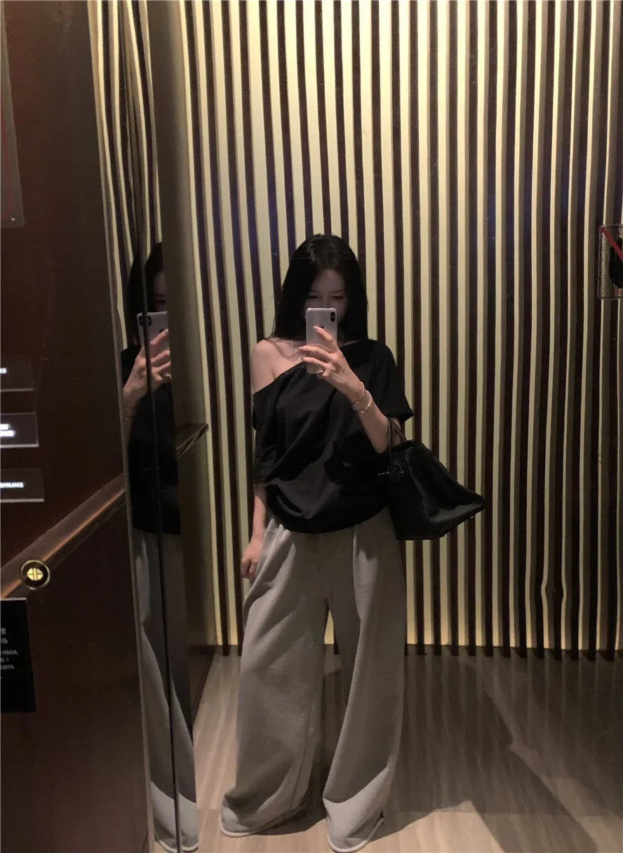 2026 Summer Off Shoulder T-shirt Women Sexy Y2K Korean Fashion Crop Tops Woman Vintage Japanese White Tee Shirt Femme Clothes