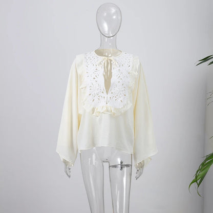 Chic Flared Sleeves O Neck Loose Lace Up Shirt Mini Skirts Elegant Floral Embroidered Skirt Set for Women Summer Lady 2 Pcs Suit