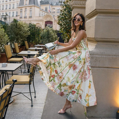 Floral Printed Sleeveless Halter Neck Maxi Dress Lady Waist Cinching A-line Dresses 2026 Women Summer Vacation Party Vestidos