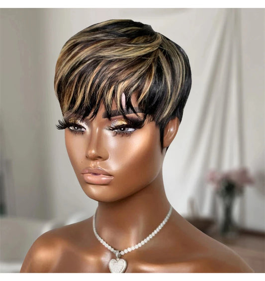 Highlight Wig Human Hair P1b/30# Color Short Pixie Cut Wigs with Bangs Layered Cut Annime Cosplay Costume  Wigs Machine Made