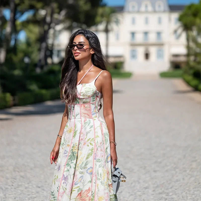 Floral Printed Sleeveless Halter Neck Maxi Dress Lady Waist Cinching A-line Dresses 2026 Women Summer Vacation Party Vestidos