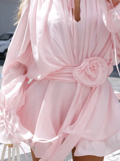 Elegant Pink Hollow Out Dress 2025 Lady 3d Flower A-line Mini Vestidos Women's Chic Long Sleeve O-neck Ruffles Hem Party Dresses