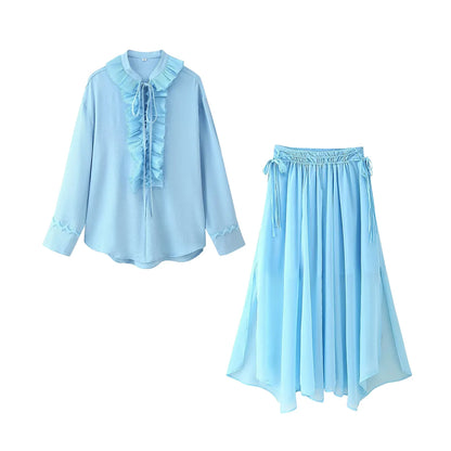 HH Women Summer Fashion Skirt Suit V-Neck Long Sleeves Tierred Decoration Lace-Up Shirts+Side Zipper Circular Chiffon Skirt