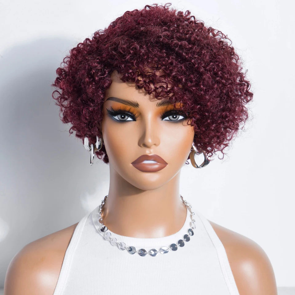 Peruvian Curly Human Hair Wigs With Bangs Short Pixie Cut Bob Wig  Reddish Brown Glueless Curly Wig Full Machine Wigs For Women