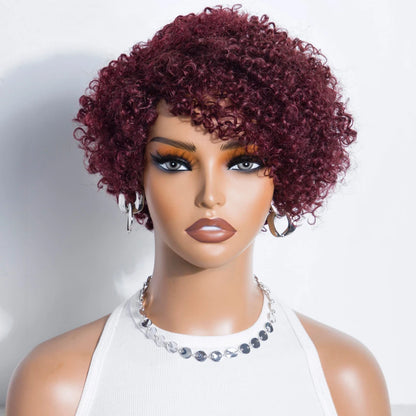 Peruvian Curly Human Hair Wigs With Bangs Short Pixie Cut Bob Wig  Reddish Brown Glueless Curly Wig Full Machine Wigs For Women