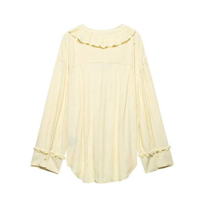 HH Women Summer Fashion Skirt Suit V-Neck Long Sleeves Tierred Decoration Lace-Up Shirts+Side Zipper Circular Chiffon Skirt