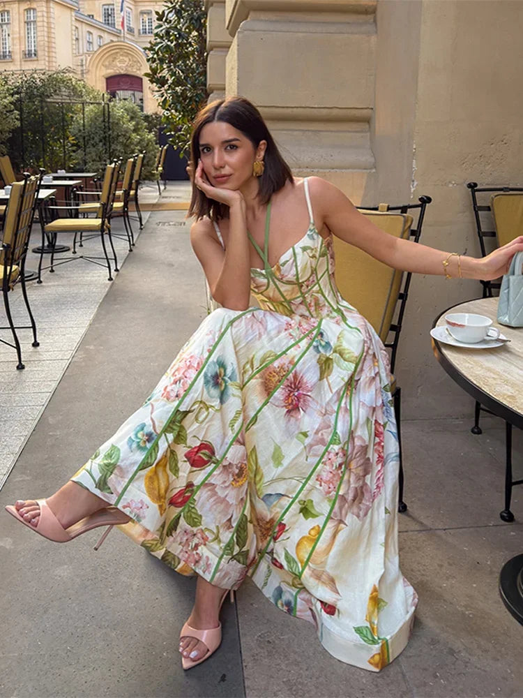 Floral Printed Sleeveless Halter Neck Maxi Dress Lady Waist Cinching A-line Dresses 2026 Women Summer Vacation Party Vestidos