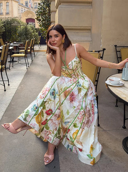 Floral Printed Sleeveless Halter Neck Maxi Dress Lady Waist Cinching A-line Dresses 2026 Women Summer Vacation Party Vestidos