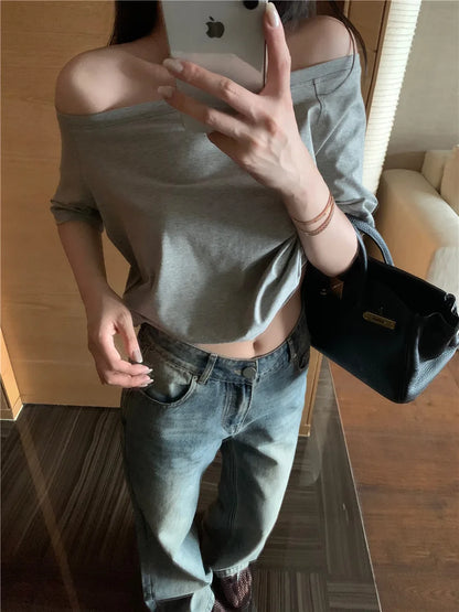 2026 Summer Off Shoulder T-shirt Women Sexy Y2K Korean Fashion Crop Tops Woman Vintage Japanese White Tee Shirt Femme Clothes