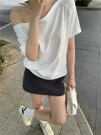 2026 Summer Off Shoulder T-shirt Women Sexy Y2K Korean Fashion Crop Tops Woman Vintage Japanese White Tee Shirt Femme Clothes