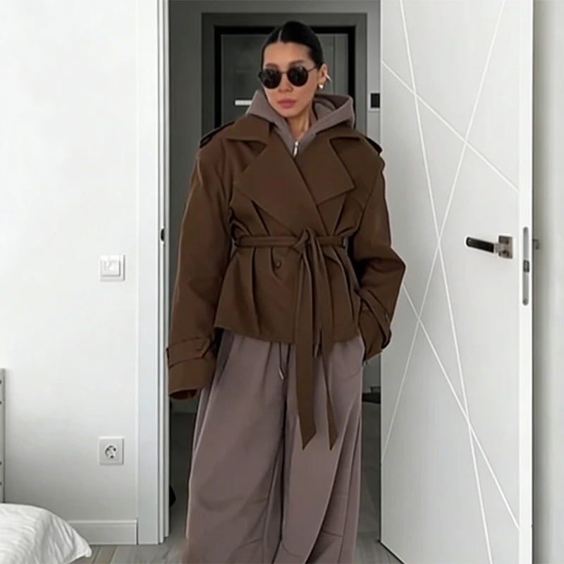 Solid Lapel Lace Up Jacket Elegant Chic Full Sleeve Button Loose Long Coat For Women Office Lady Daily Commute Overcoat 2026 New