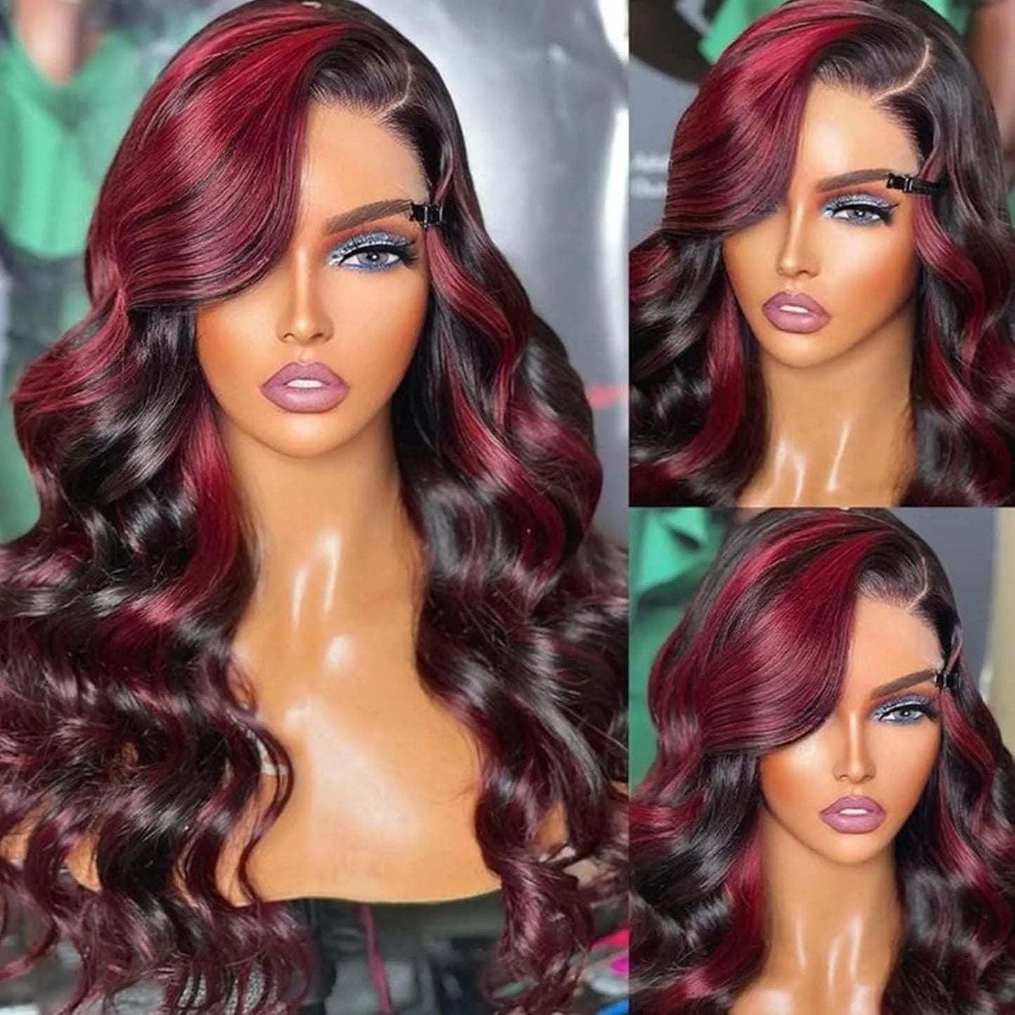 Highlight 5x5 Glueless Wigs Human Hair Pre Plucked Pre Cut Black Hair With Red highlight Body Wave Wigs Human Hair 200% Density