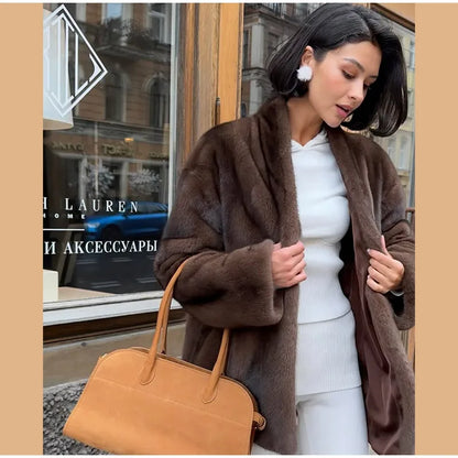 Brown Medium-length Fur Coat Women Lapel Hidden Button Loose  Elegant Outerwear 2025 Fashion Office Lady Commute Overcoat New