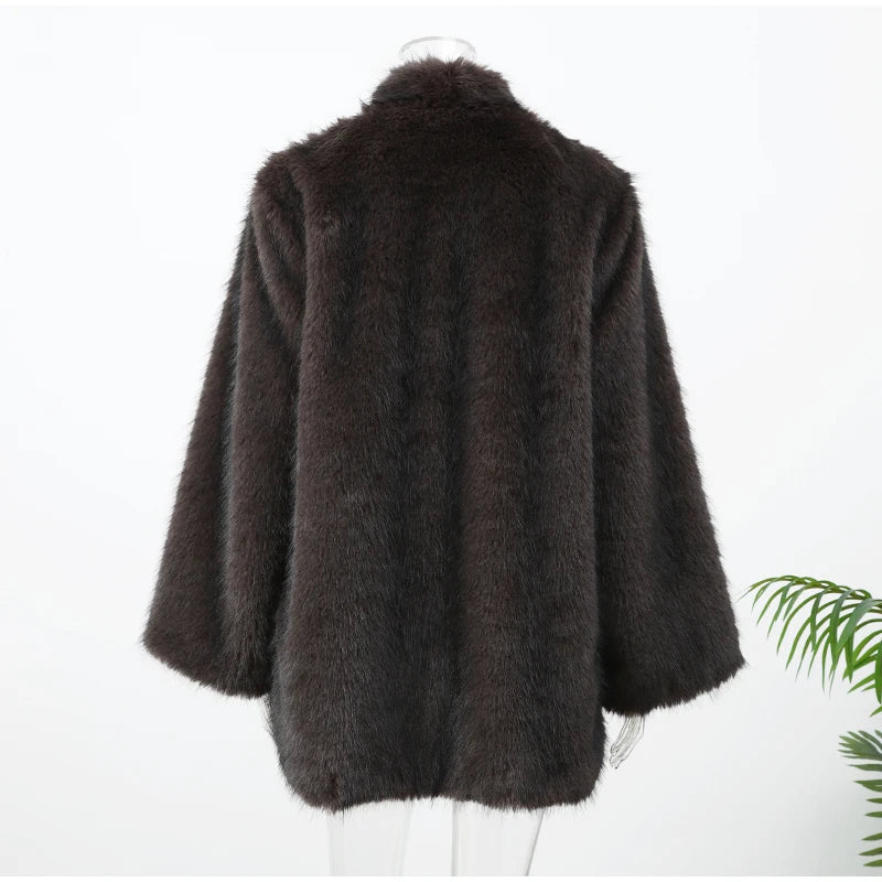 Brown Medium-length Fur Coat Women Lapel Hidden Button Loose  Elegant Outerwear 2025 Fashion Office Lady Commute Overcoat New