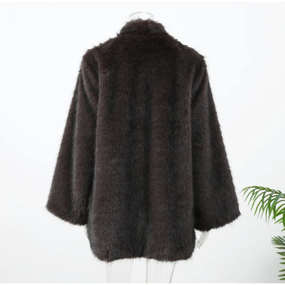 Brown Medium-length Fur Coat Women Lapel Hidden Button Loose  Elegant Outerwear 2025 Fashion Office Lady Commute Overcoat New